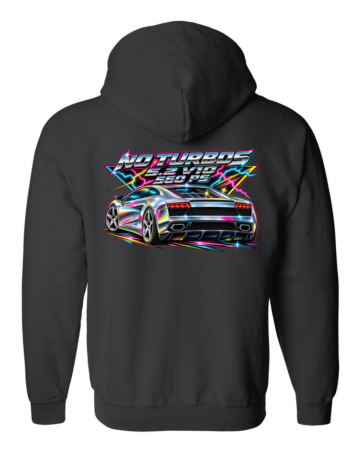 80s airbrush chrome Lamborghini Gallardo LP560-4 with the text NO TURBOS / 5.2 V10 / 560 PS black zip hoodie back view with the design