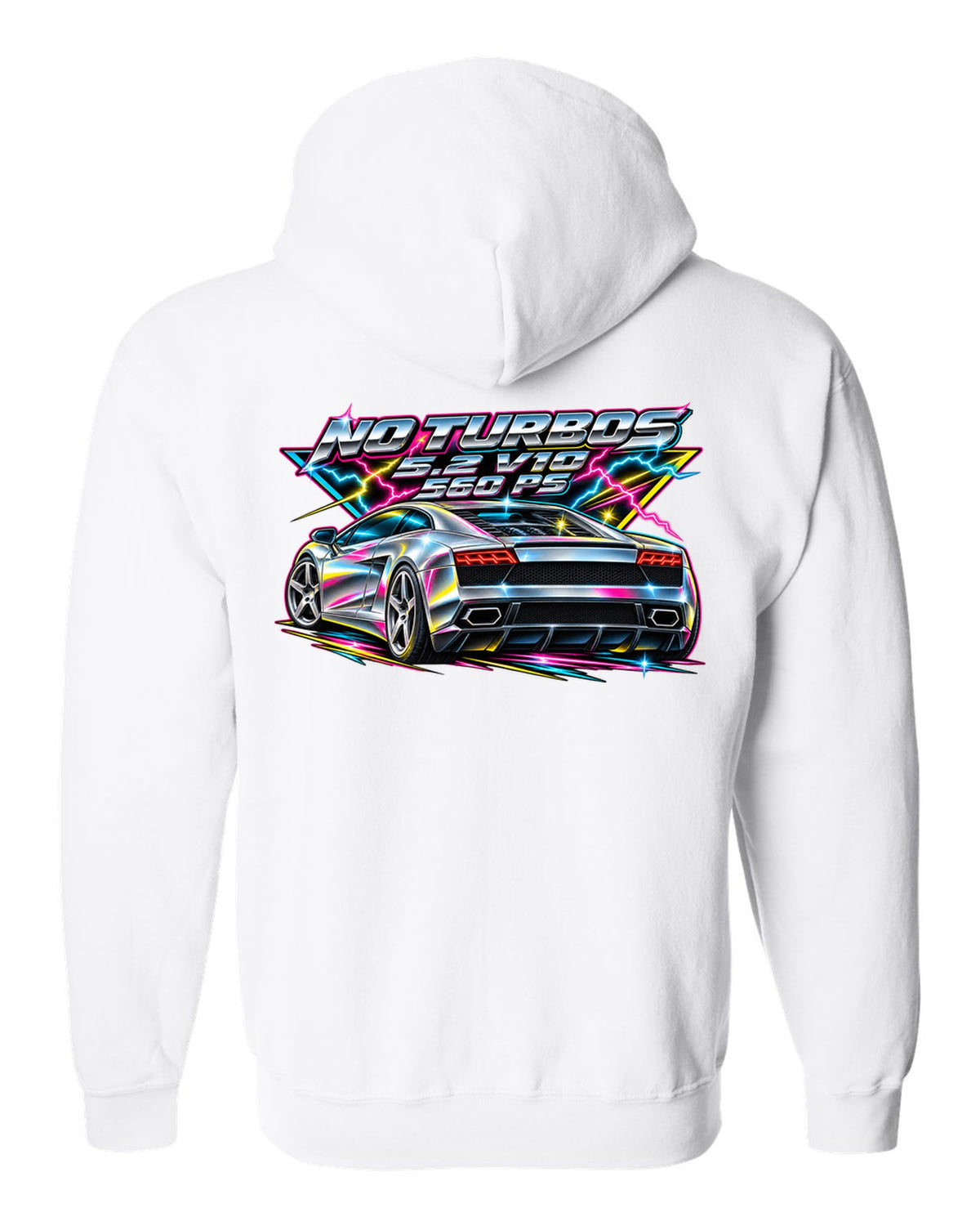 80s airbrush chrome Lamborghini Gallardo LP560-4 with the text NO TURBOS / 5.2 V10 / 560 PS white zip hoodie back view with the design