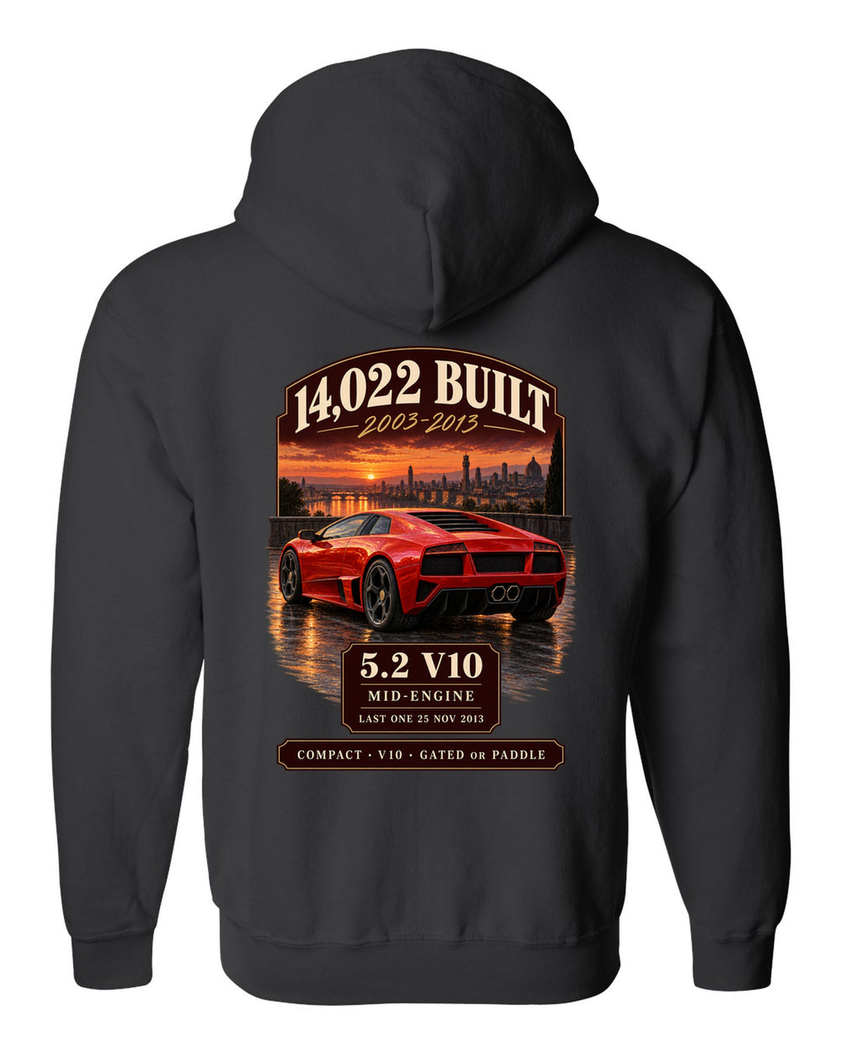 Archive panel print of a Lamborghini Gallardo LP570-4 with 14,022 built and 5.2 V10 text black zip hoodie back view with the design