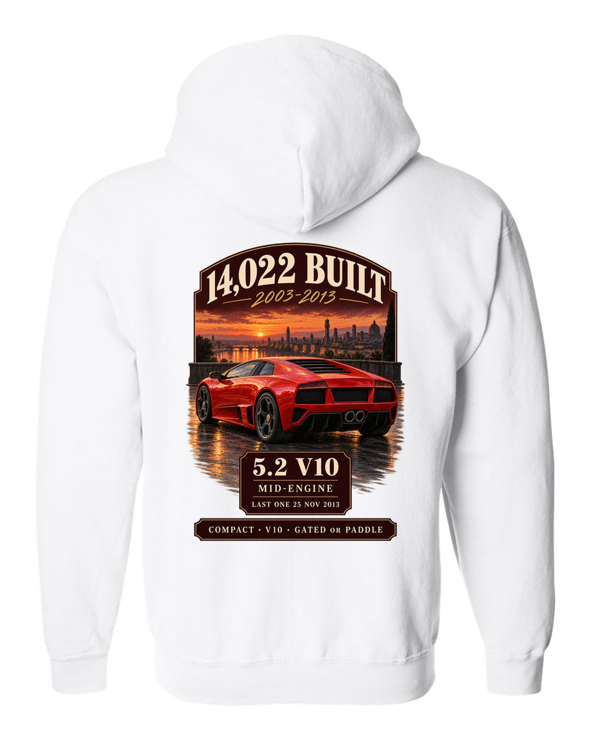 Archive panel print of a Lamborghini Gallardo LP570-4 with 14,022 built and 5.2 V10 text white zip hoodie back view with the design