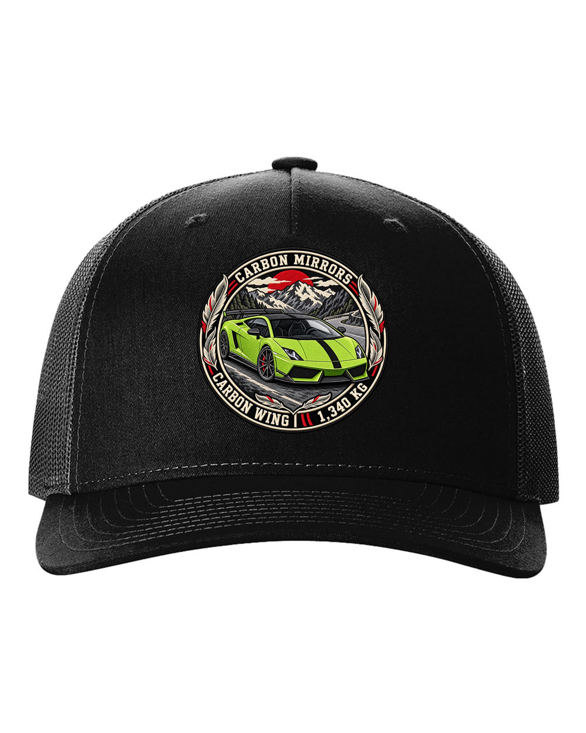 Round embroidery-style crest of a Lamborghini Gallardo LP570-4 Superleggera with carbon mirrors and wing text black hat front view with the design