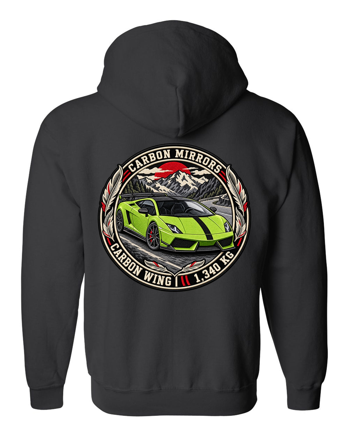 Round embroidery-style crest of a Lamborghini Gallardo LP570-4 Superleggera with carbon mirrors and wing text black zip hoodie back view with the design