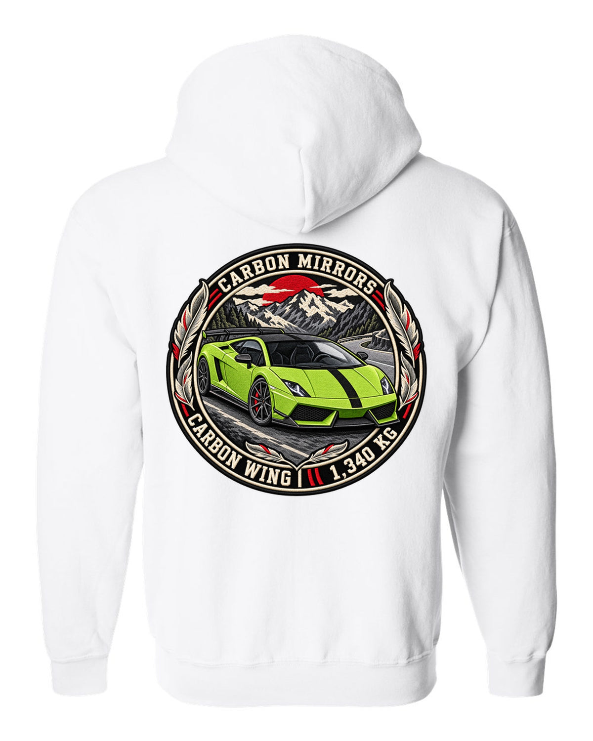 Round embroidery-style crest of a Lamborghini Gallardo LP570-4 Superleggera with carbon mirrors and wing text white zip hoodie back view with the design