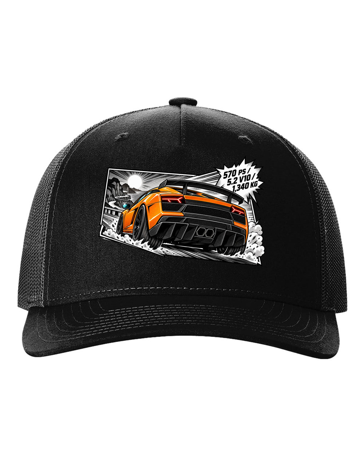 Retro manga halftone panel of a Lamborghini Gallardo LP570-4 Superleggera with spec text black hat front view with the design
