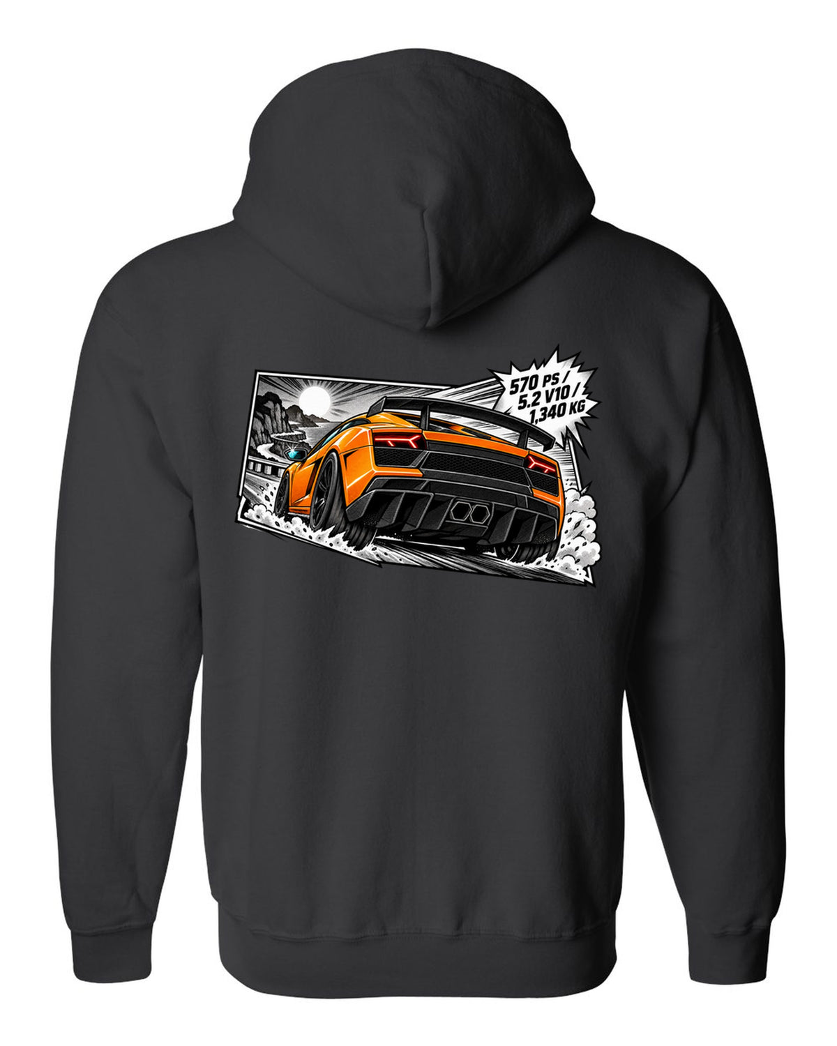Retro manga halftone panel of a Lamborghini Gallardo LP570-4 Superleggera with spec text black zip hoodie back view with the design