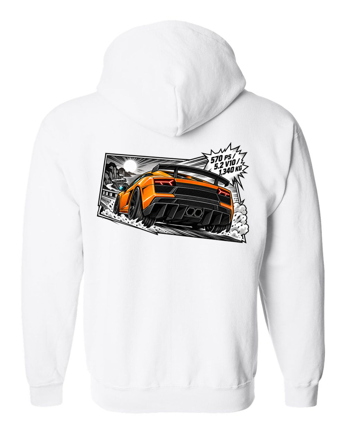 Retro manga halftone panel of a Lamborghini Gallardo LP570-4 Superleggera with spec text white zip hoodie back view with the design