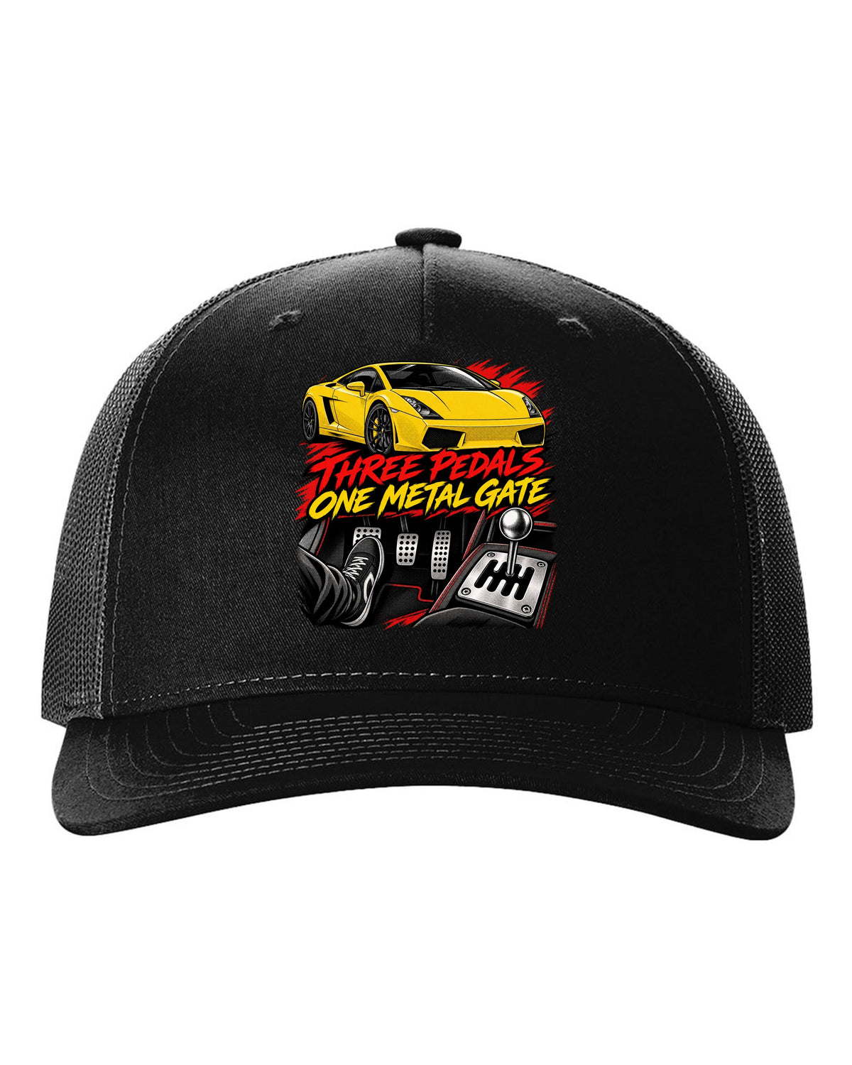 Retro black-ink manga panel of a Lamborghini Gallardo coupe with a gated six-speed manual shifter black hat front view with the design