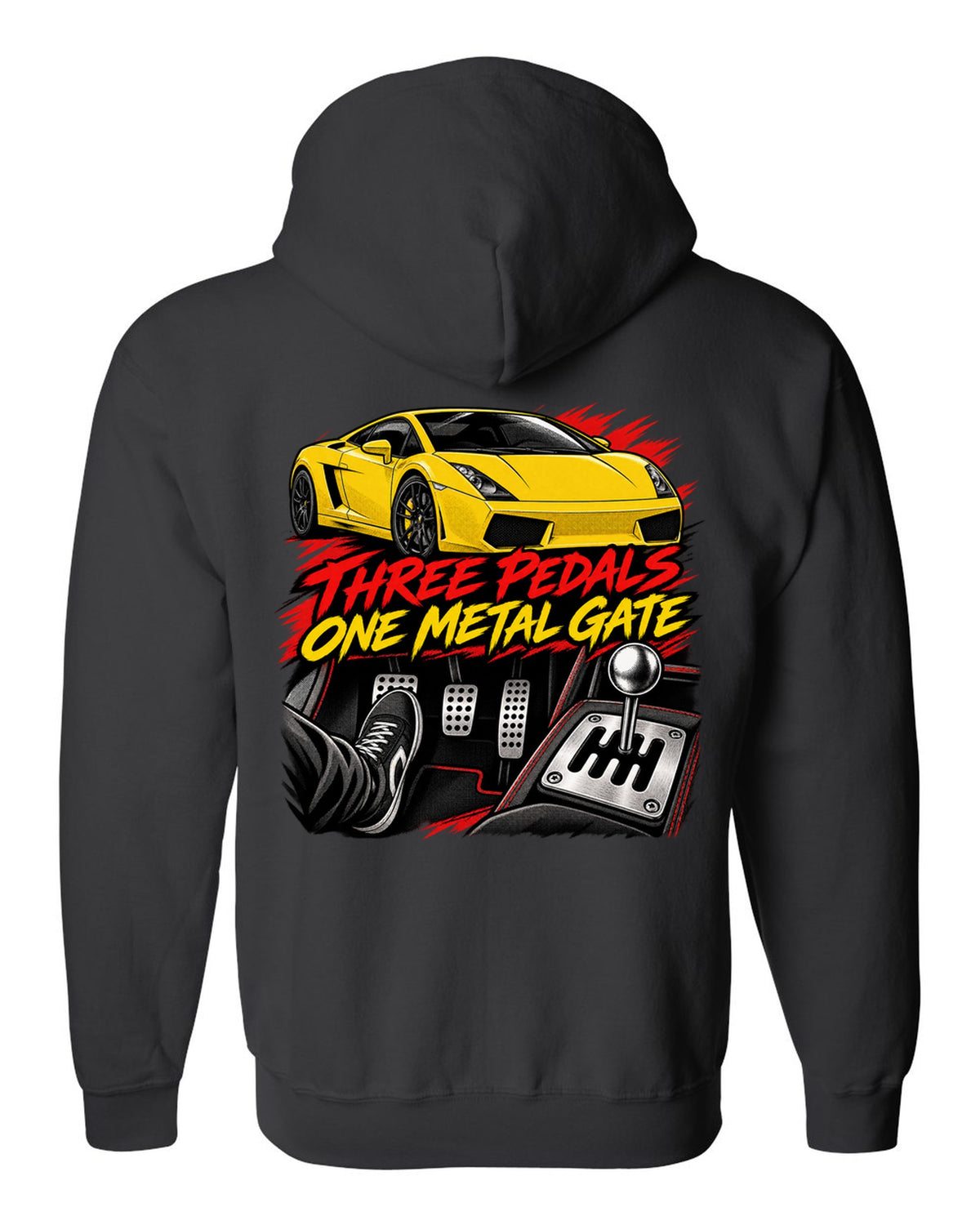 Retro black-ink manga panel of a Lamborghini Gallardo coupe with a gated six-speed manual shifter black zip hoodie back view with the design