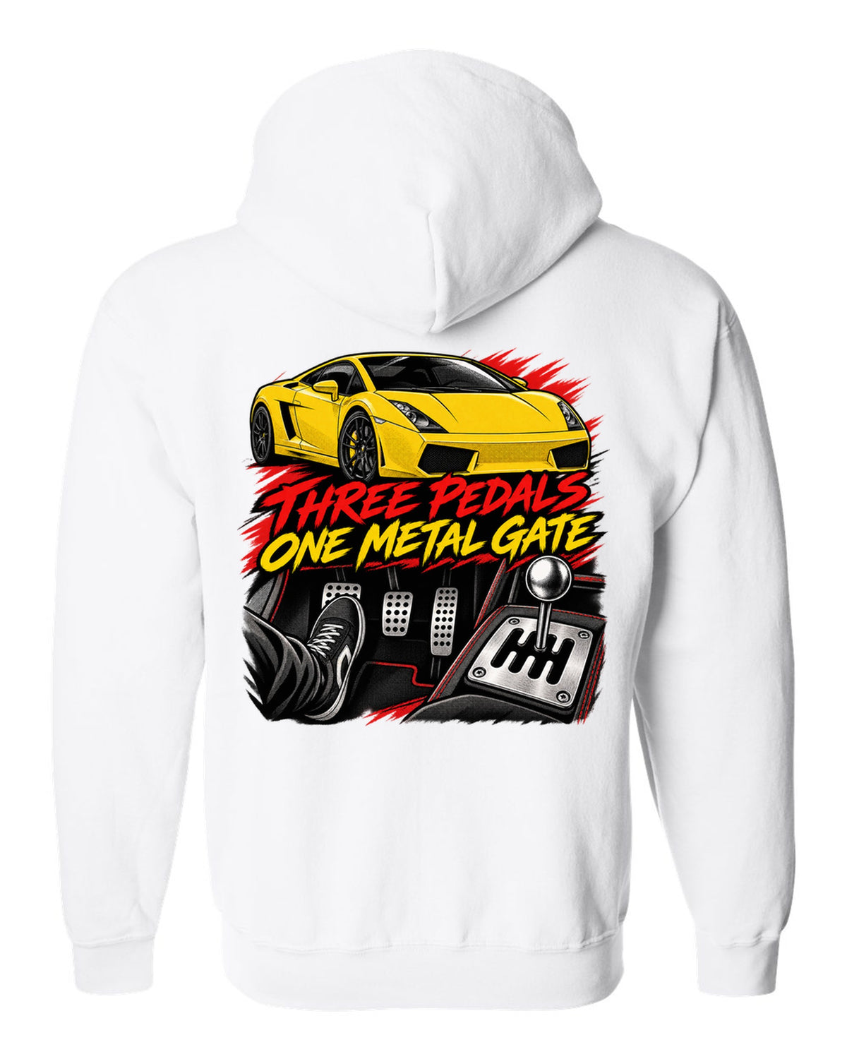 Retro black-ink manga panel of a Lamborghini Gallardo coupe with a gated six-speed manual shifter white zip hoodie back view with the design