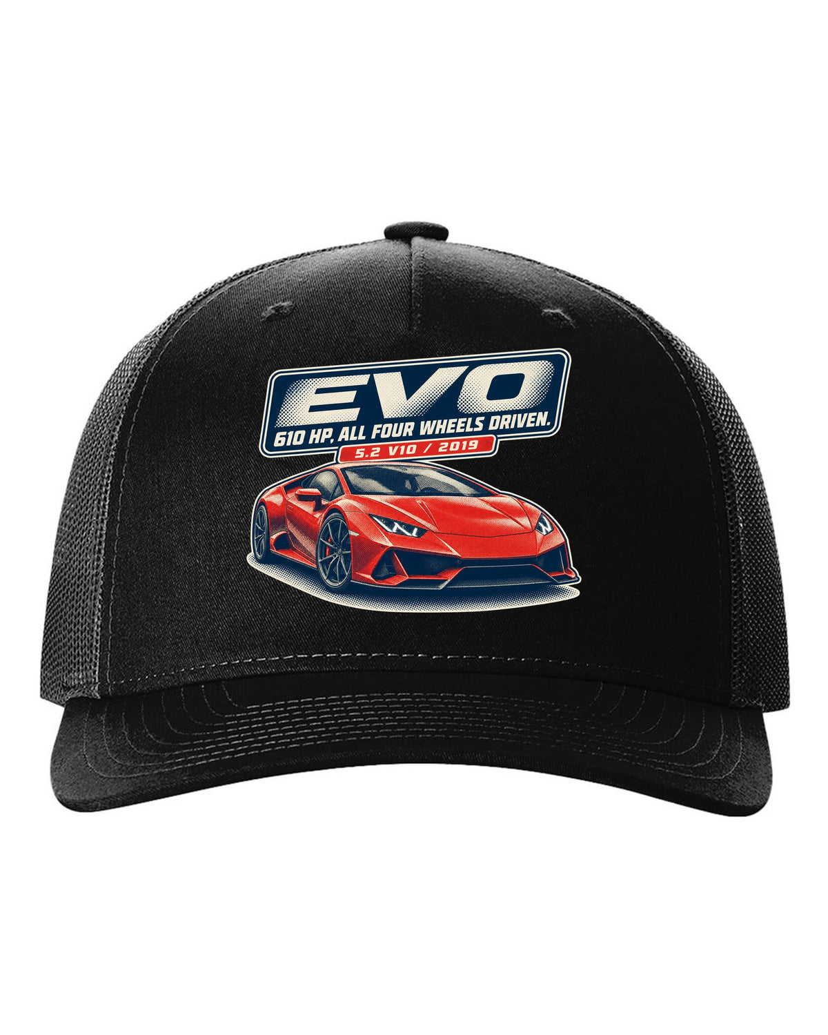 Halftone print of the Lamborghini Huracan EVO black hat front view with the design