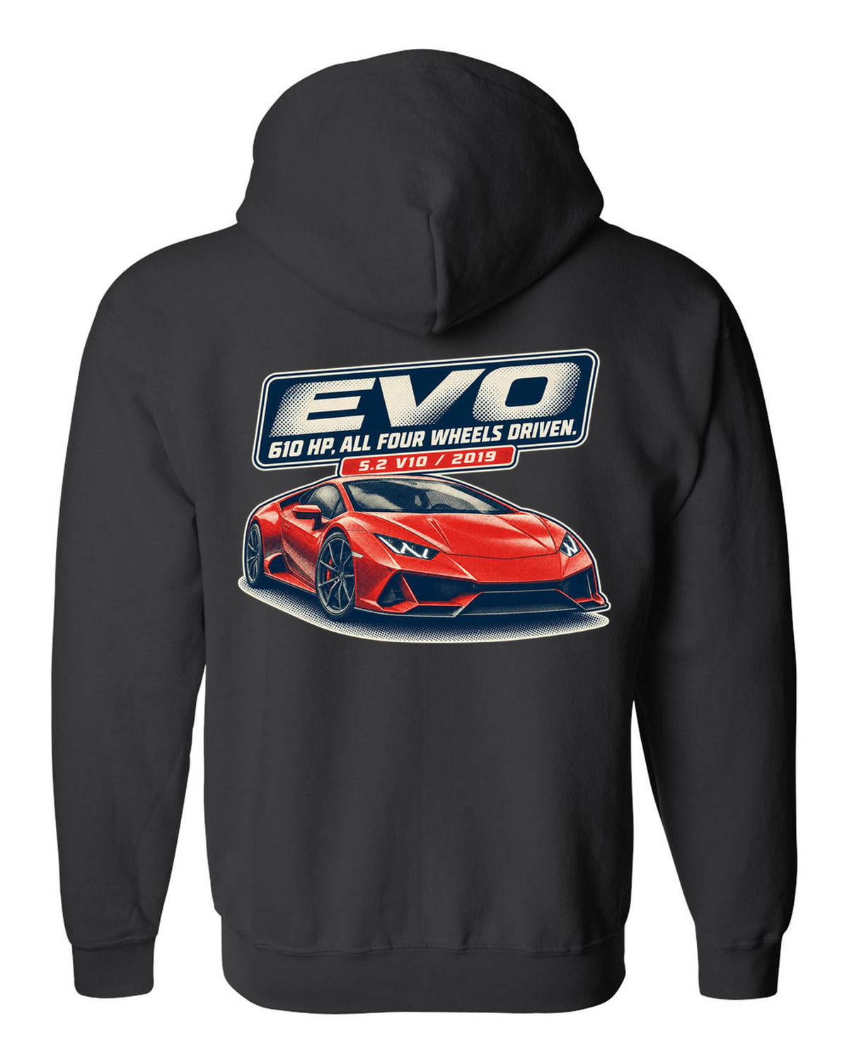 Halftone print of the Lamborghini Huracan EVO black zip hoodie back view with the design