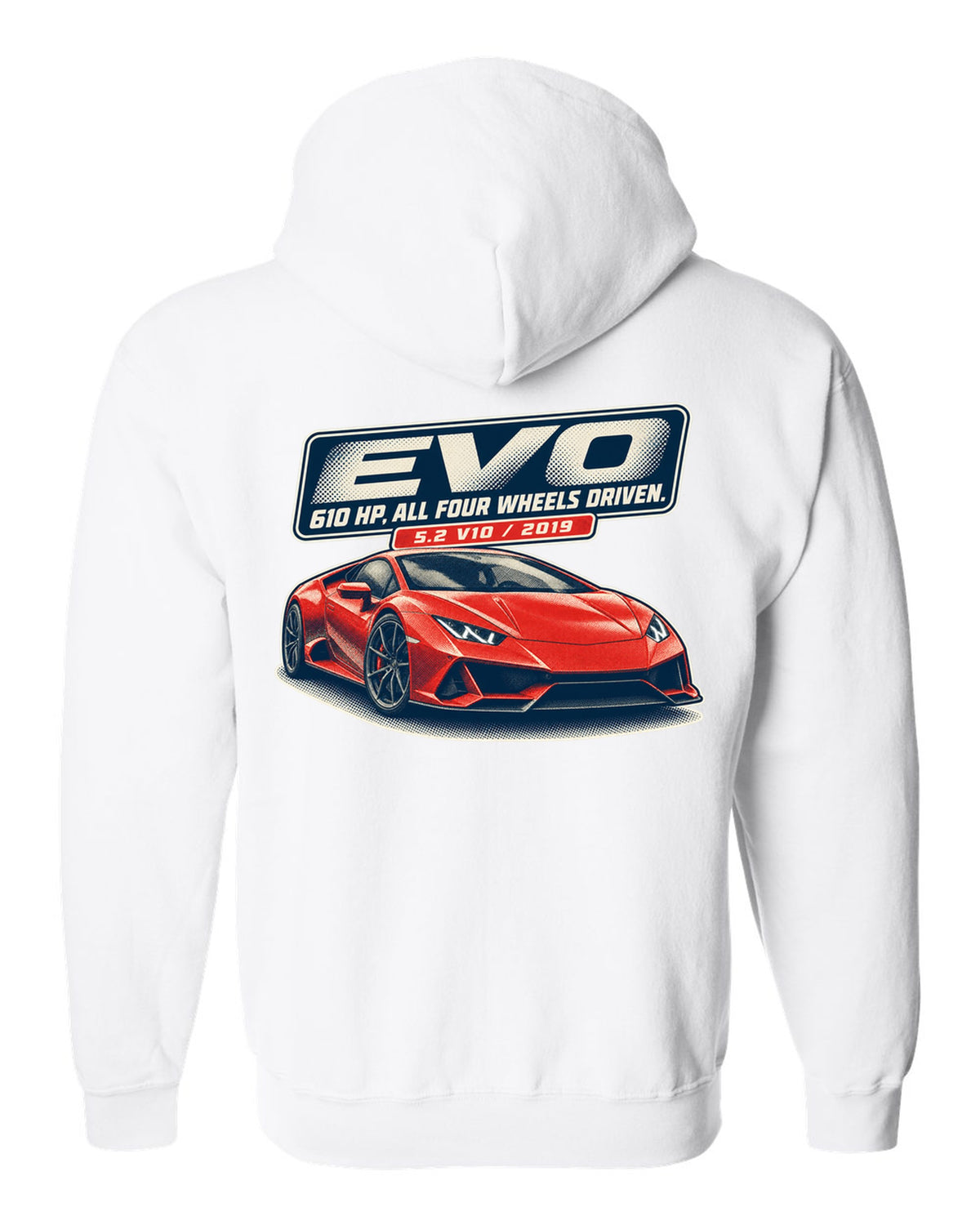 Halftone print of the Lamborghini Huracan EVO white zip hoodie back view with the design