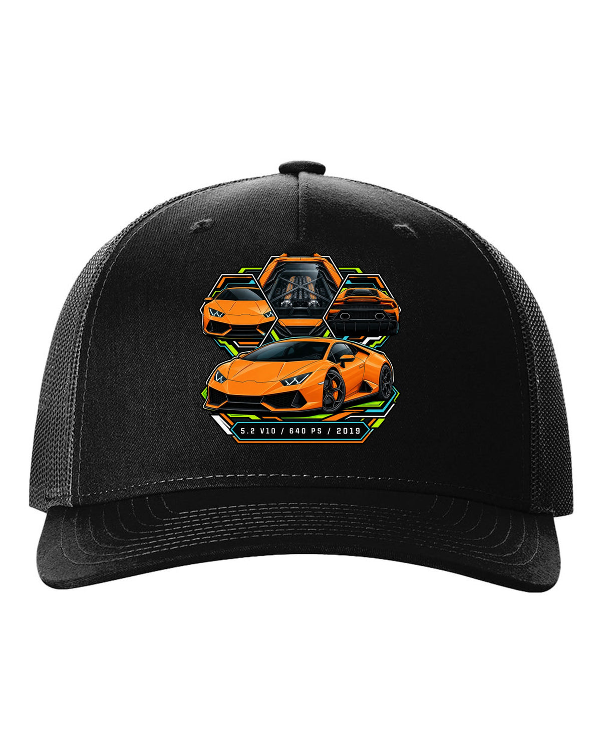 Spec-sheet data plate with a Lamborghini Huracan Evo LP640-4 and text 5.2 V10 / 640 PS / 2019 black hat front view with the design