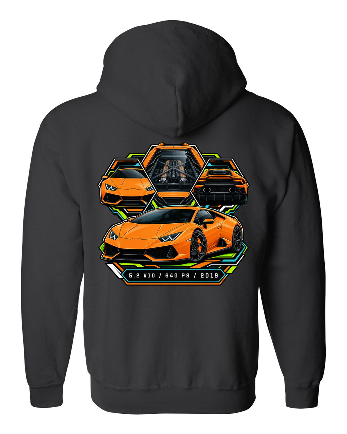Spec-sheet data plate with a Lamborghini Huracan Evo LP640-4 and text 5.2 V10 / 640 PS / 2019 black zip hoodie back view with the design