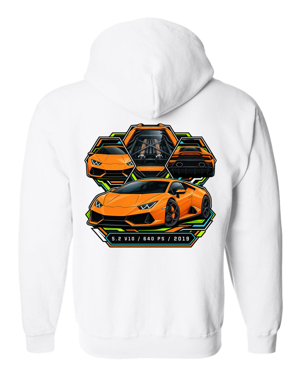 Spec-sheet data plate with a Lamborghini Huracan Evo LP640-4 and text 5.2 V10 / 640 PS / 2019 white zip hoodie back view with the design