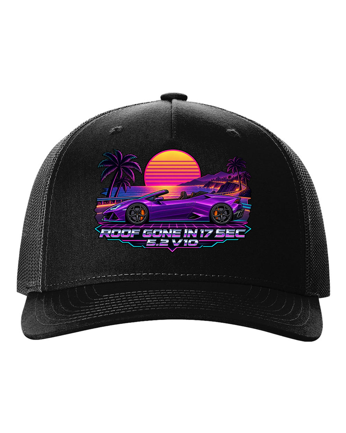 Synthwave outrun sunset grid with a Lamborghini Huracan Spyder LP610-4 and text ROOF GONE IN 17 SEC / 5.2 V10 black hat front view with the design