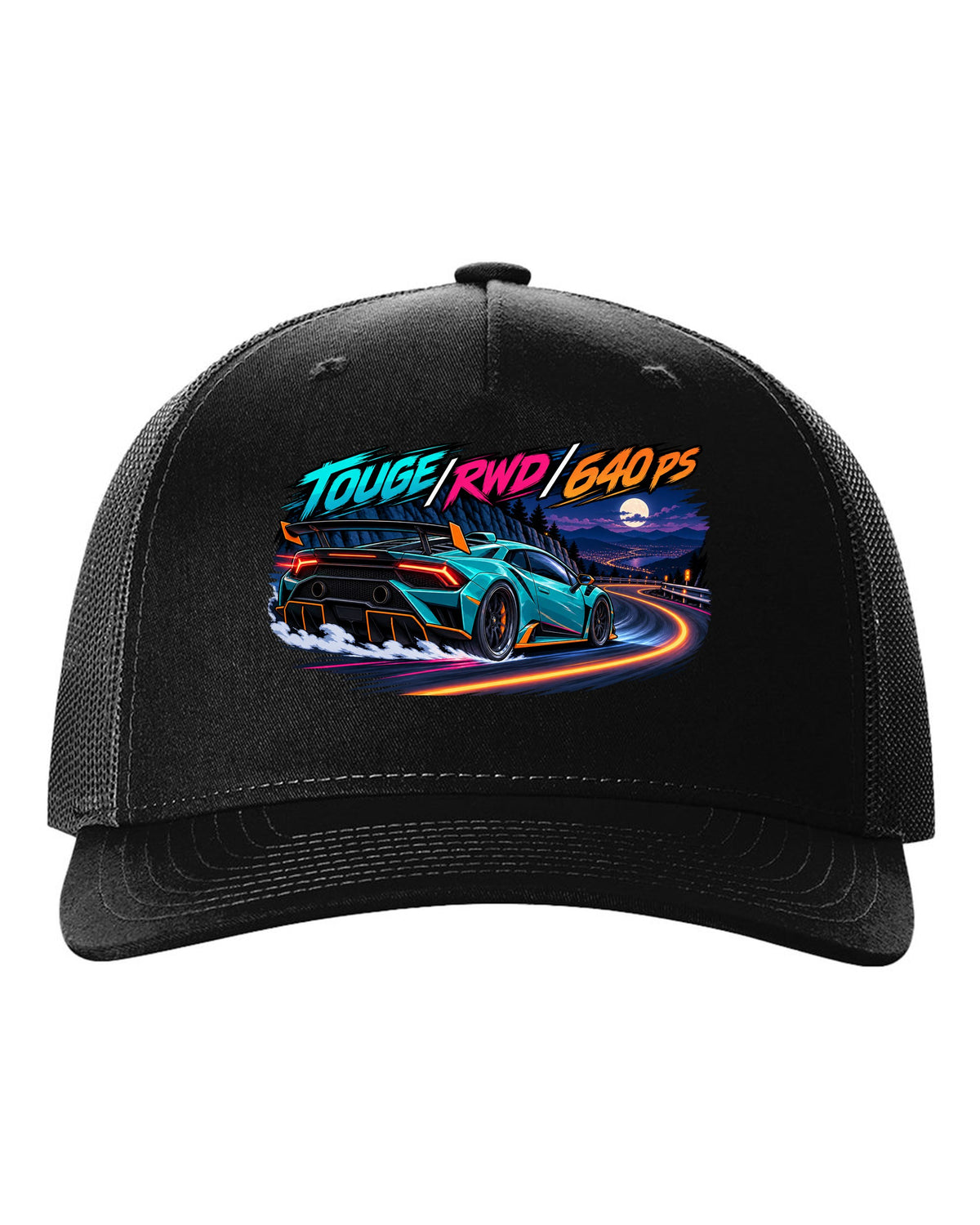 Cel-shaded anime night touge scene with a Lamborghini Huracan STO LP640-2 and text TOUGE / RWD / 640 PS black hat front view with the design