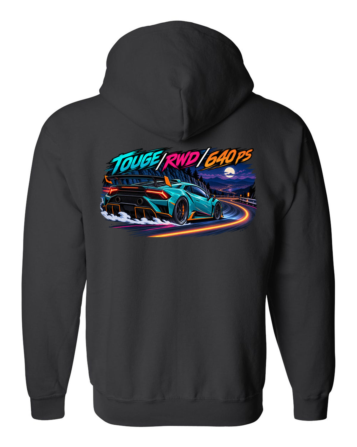 Cel-shaded anime night touge scene with a Lamborghini Huracan STO LP640-2 and text TOUGE / RWD / 640 PS black zip hoodie back view with the design