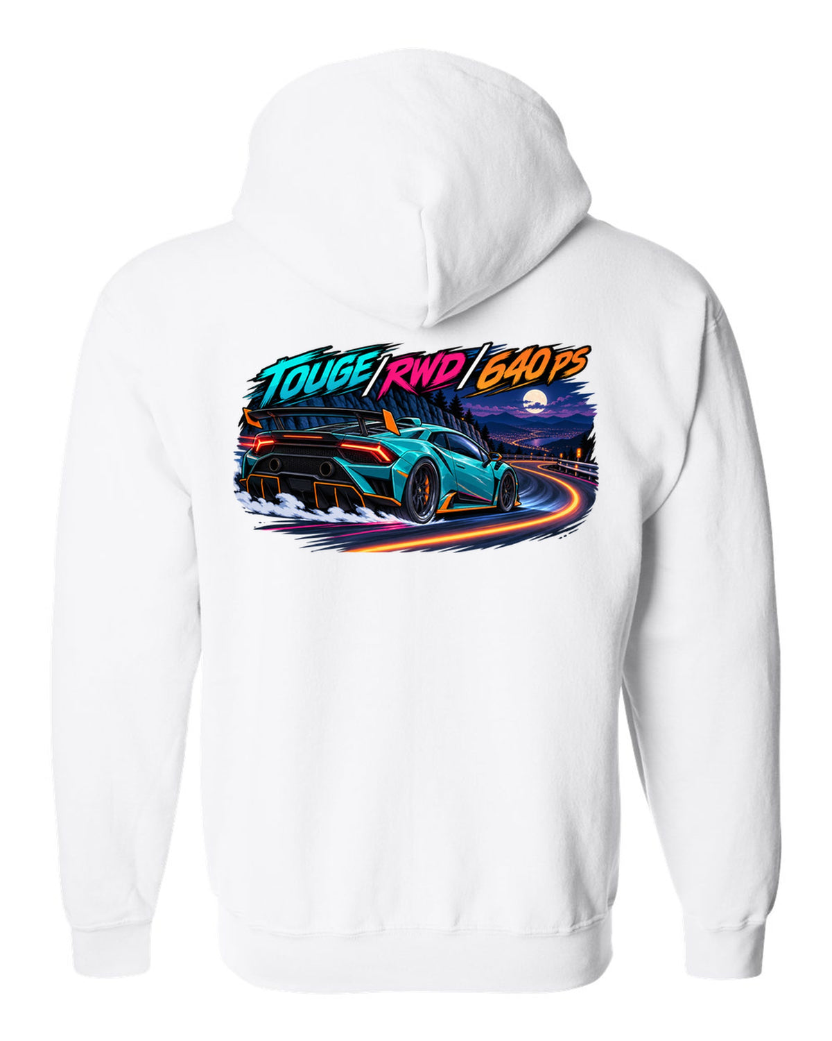 Cel-shaded anime night touge scene with a Lamborghini Huracan STO LP640-2 and text TOUGE / RWD / 640 PS white zip hoodie back view with the design