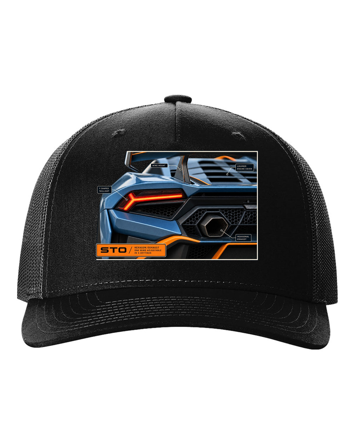 Taillight and hexagon exhaust macro print of the Lamborghini Huracan STO black hat front view with the design