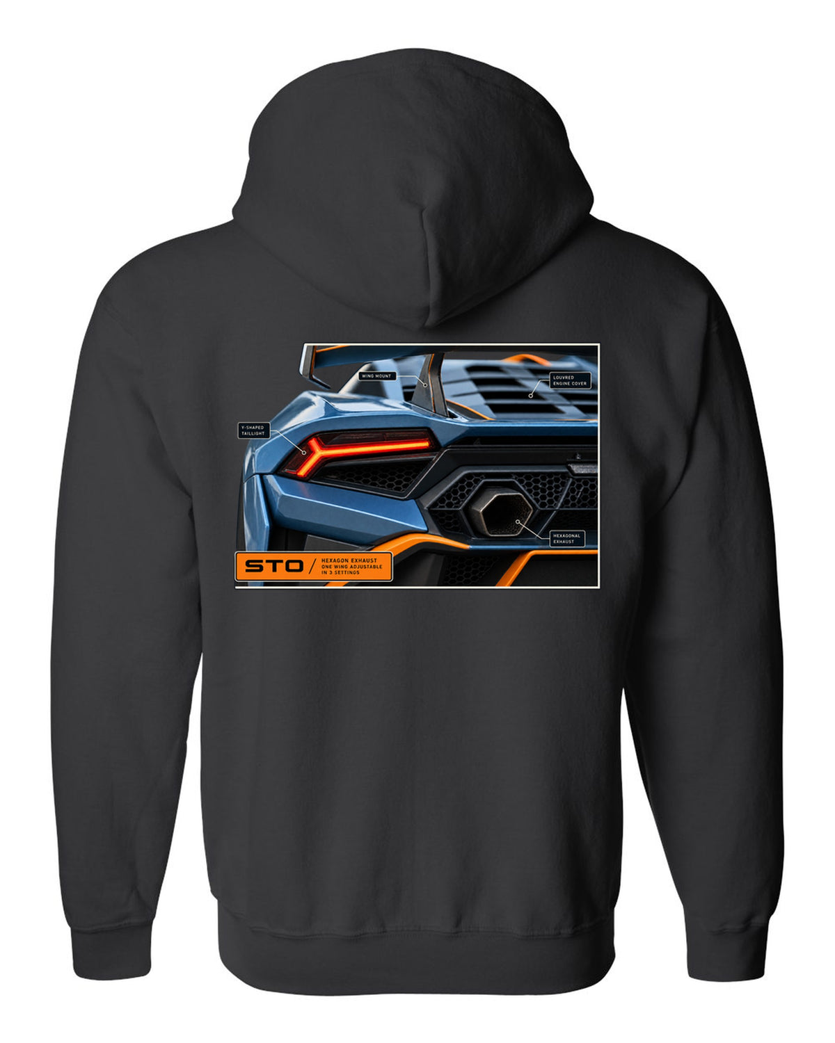 Taillight and hexagon exhaust macro print of the Lamborghini Huracan STO black zip hoodie back view with the design