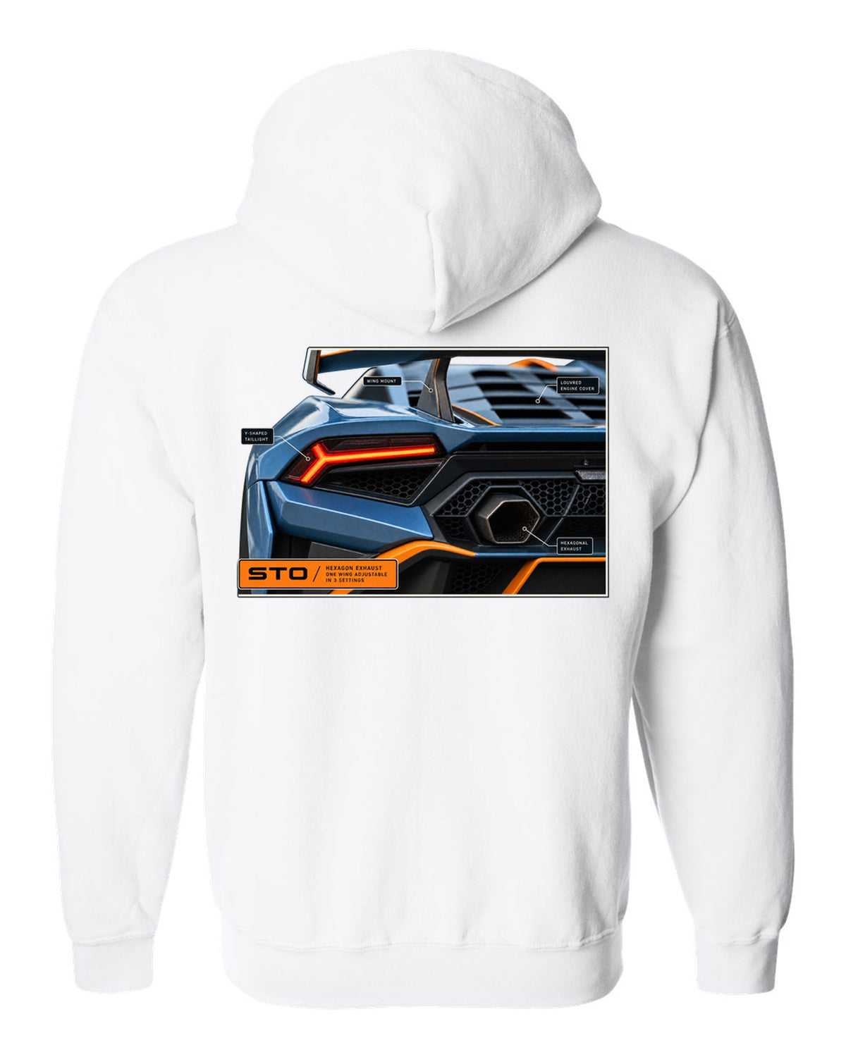 Taillight and hexagon exhaust macro print of the Lamborghini Huracan STO white zip hoodie back view with the design