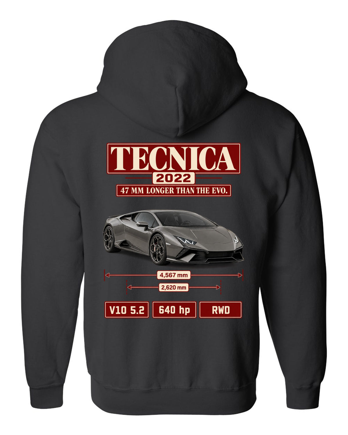 Archive panel print of the Lamborghini Huracan Tecnica black zip hoodie back view with the design