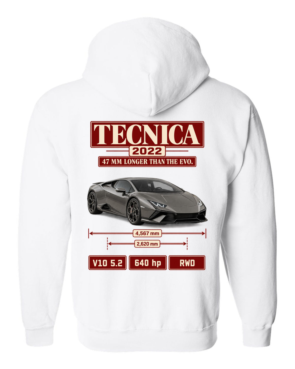Archive panel print of the Lamborghini Huracan Tecnica white zip hoodie back view with the design