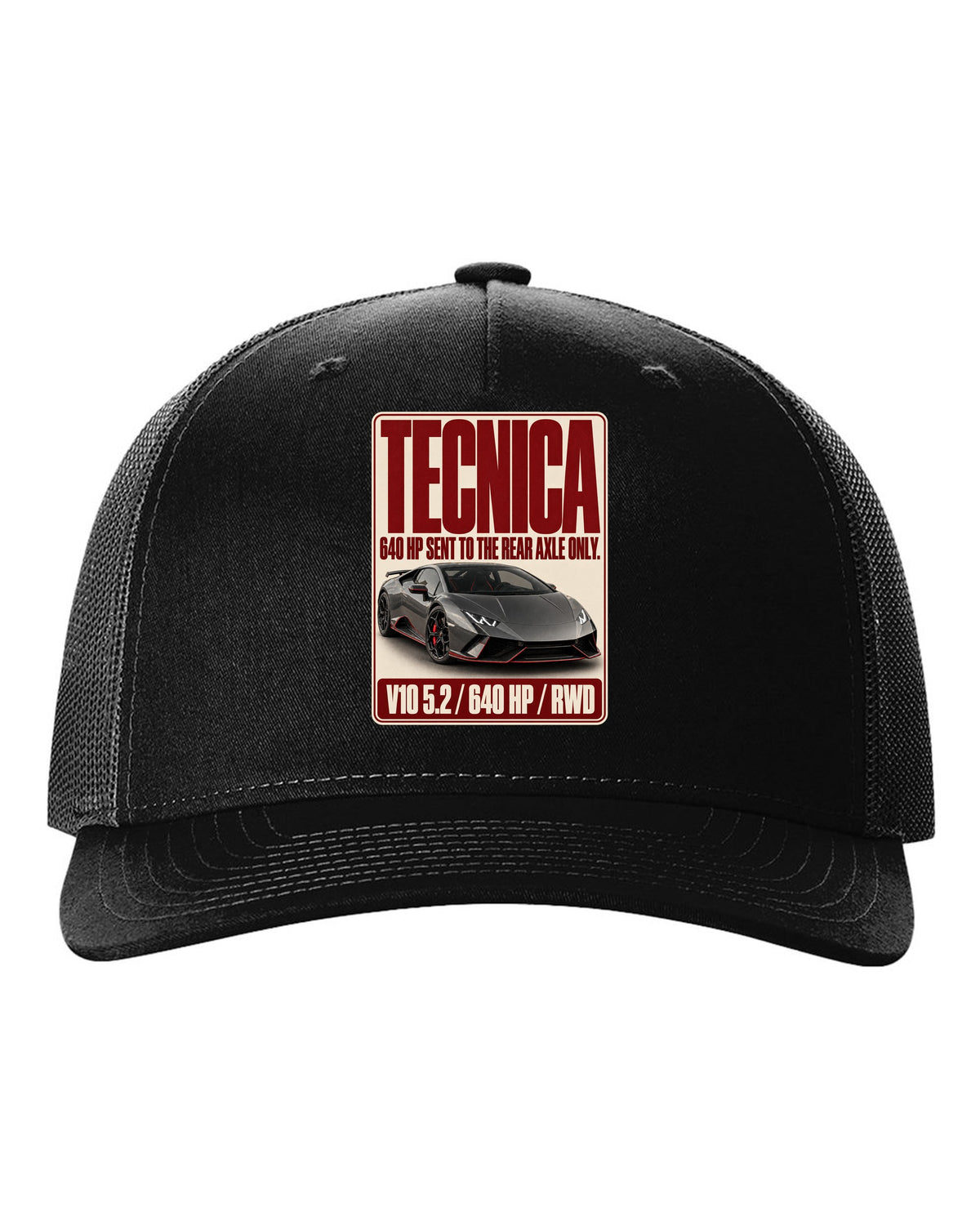 Editorial headline print of the Lamborghini Huracan Tecnica black hat front view with the design