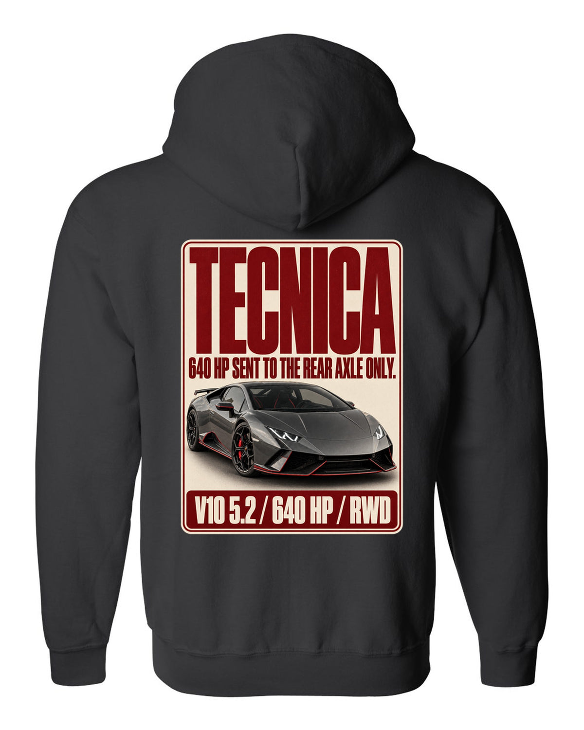 Editorial headline print of the Lamborghini Huracan Tecnica black zip hoodie back view with the design