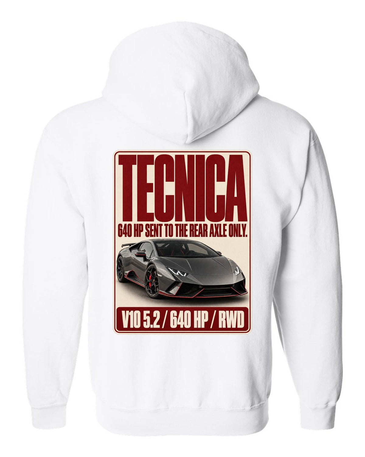 Editorial headline print of the Lamborghini Huracan Tecnica white zip hoodie back view with the design