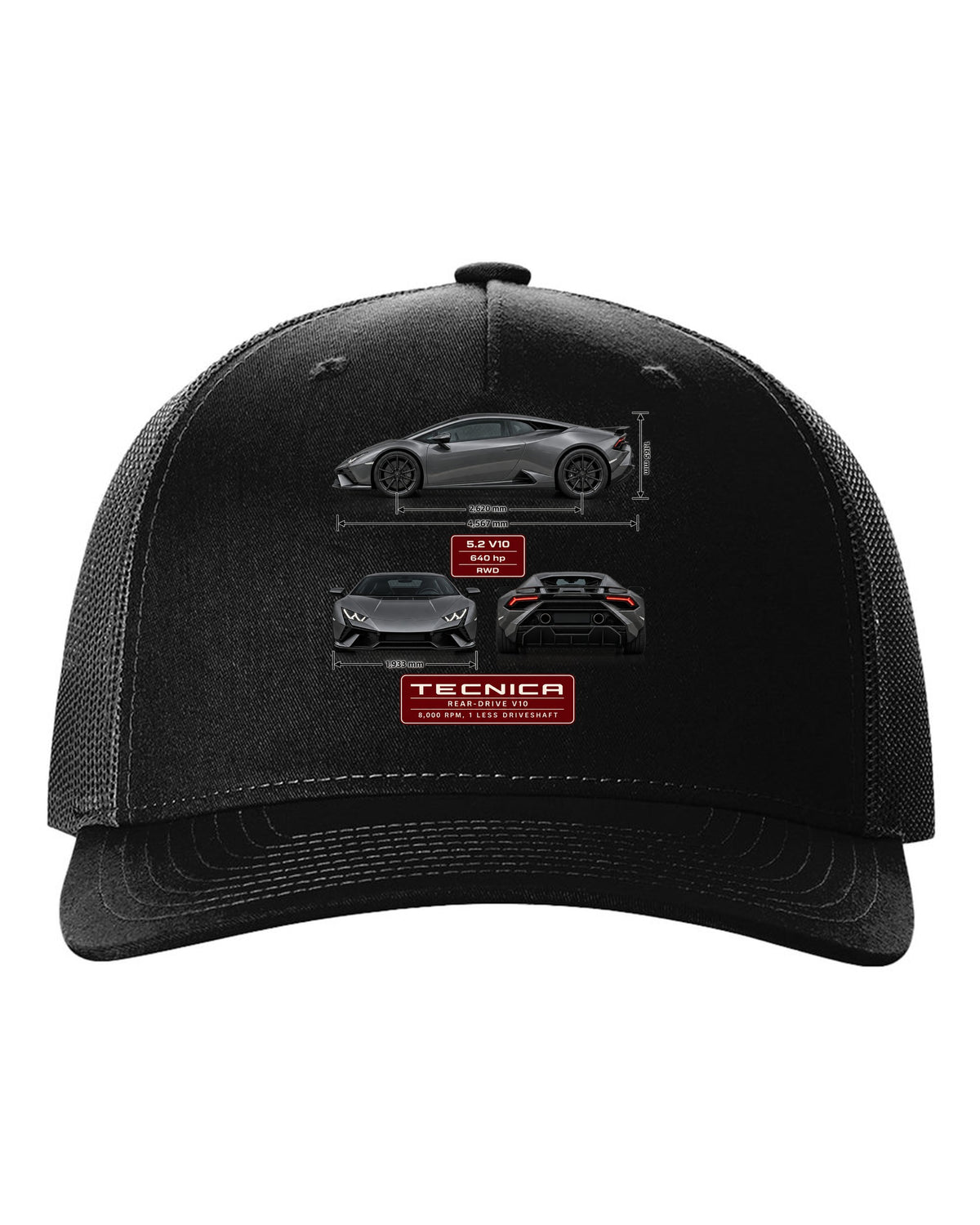 Three-view spec table print of the Lamborghini Huracan Tecnica black hat front view with the design