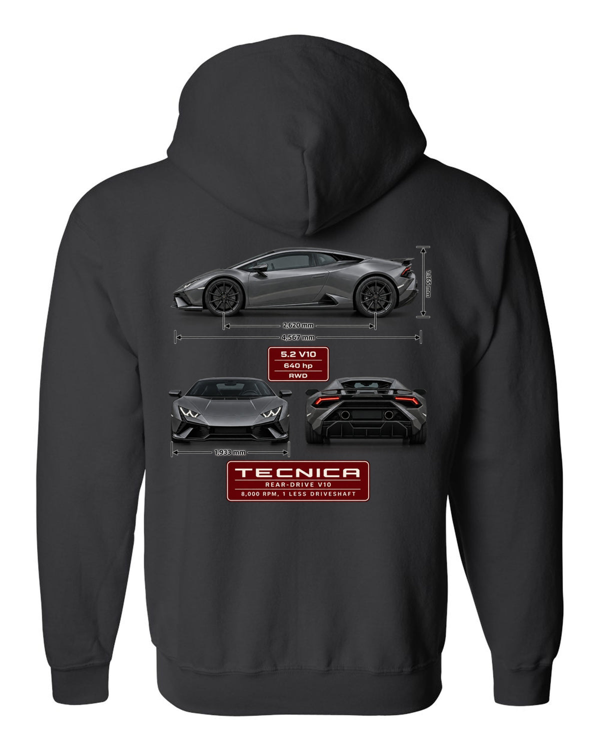 Three-view spec table print of the Lamborghini Huracan Tecnica black zip hoodie back view with the design