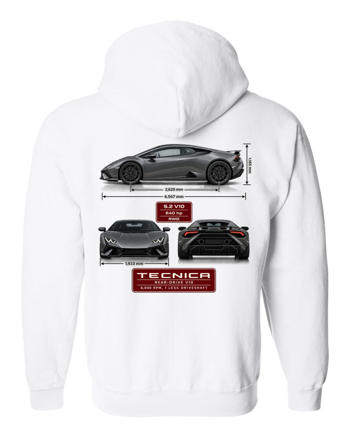 Three-view spec table print of the Lamborghini Huracan Tecnica white zip hoodie back view with the design