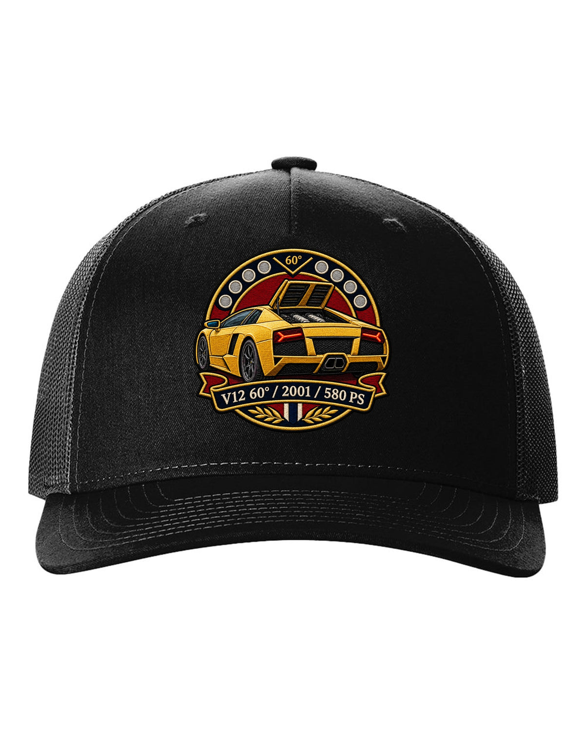 Embroidery-style varsity crest design of a 2001 Lamborghini Murcielago with V12 and 580 PS text black hat front view with the design
