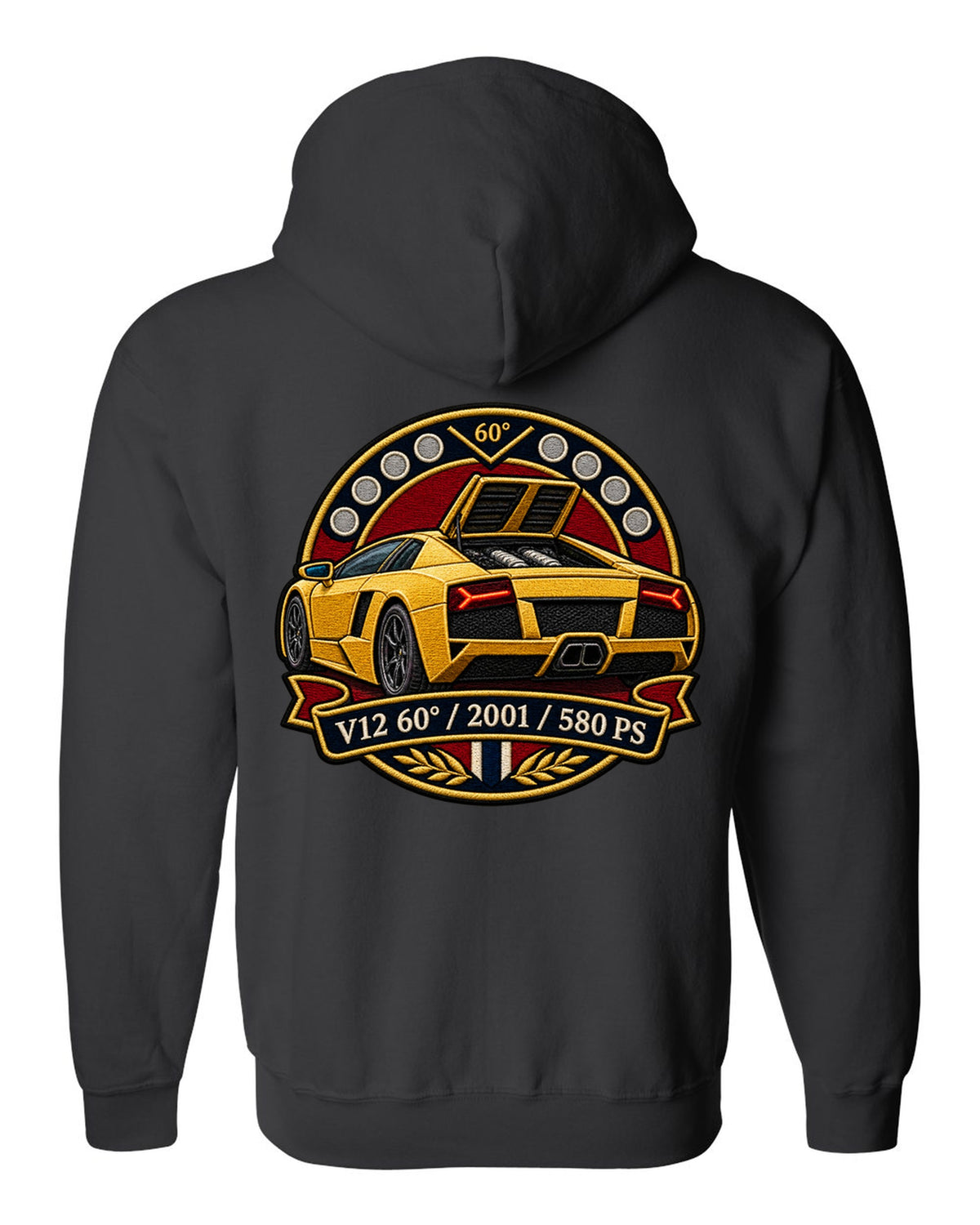 Embroidery-style varsity crest design of a 2001 Lamborghini Murcielago with V12 and 580 PS text black zip hoodie back view with the design