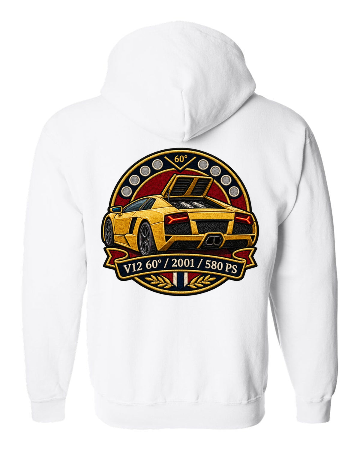 Embroidery-style varsity crest design of a 2001 Lamborghini Murcielago with V12 and 580 PS text white zip hoodie back view with the design