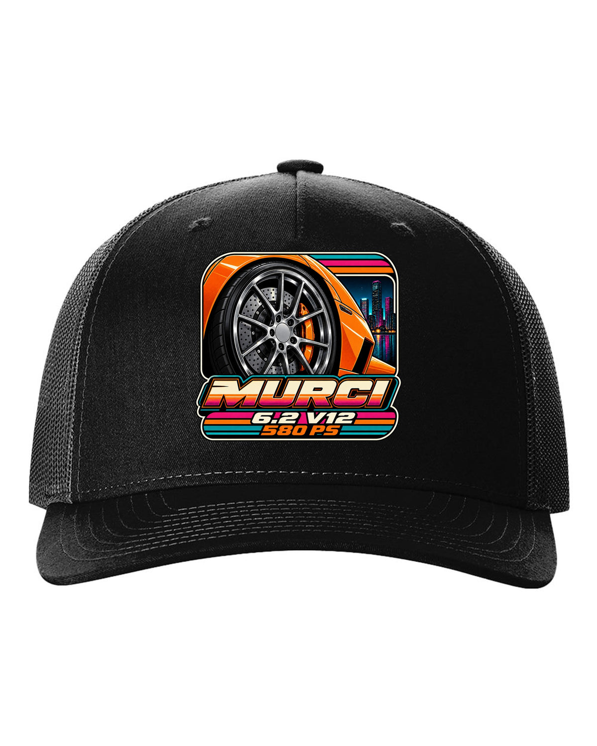 Cassette tape packaging style print of a 2001 Lamborghini Murcielago wheel with 6.2 V12 and 580 PS black hat front view with the design