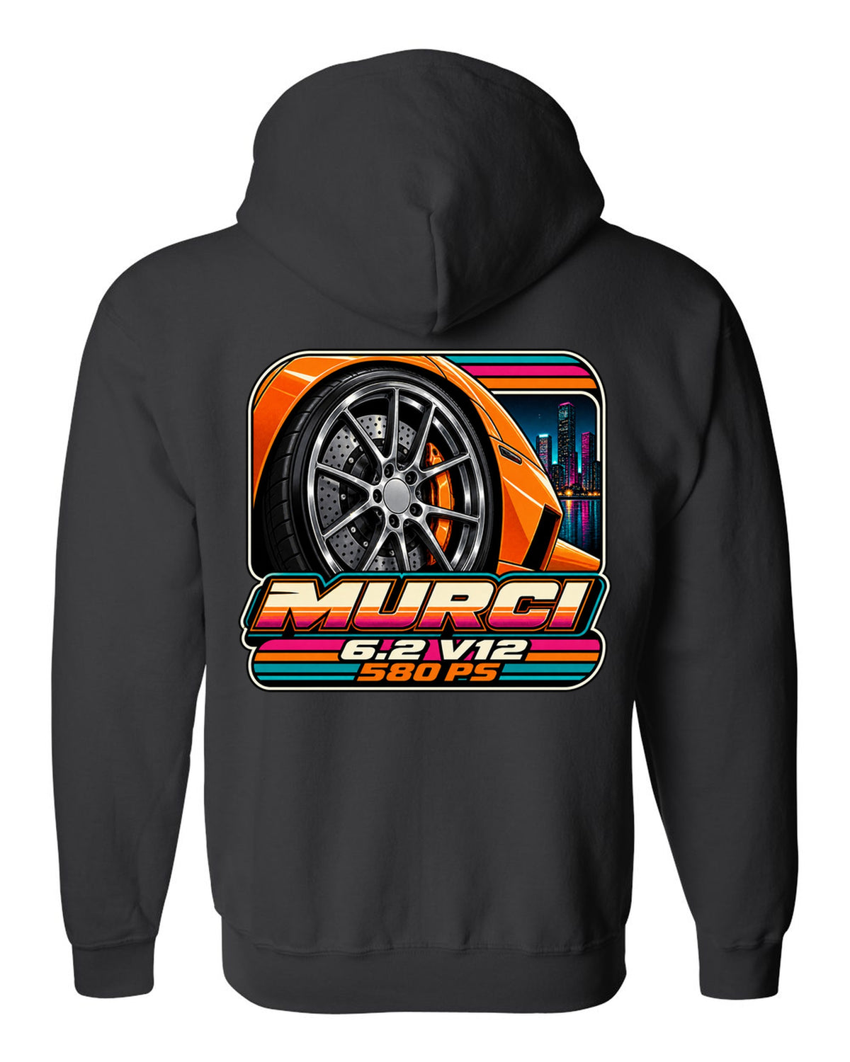 Cassette tape packaging style print of a 2001 Lamborghini Murcielago wheel with 6.2 V12 and 580 PS black zip hoodie back view with the design