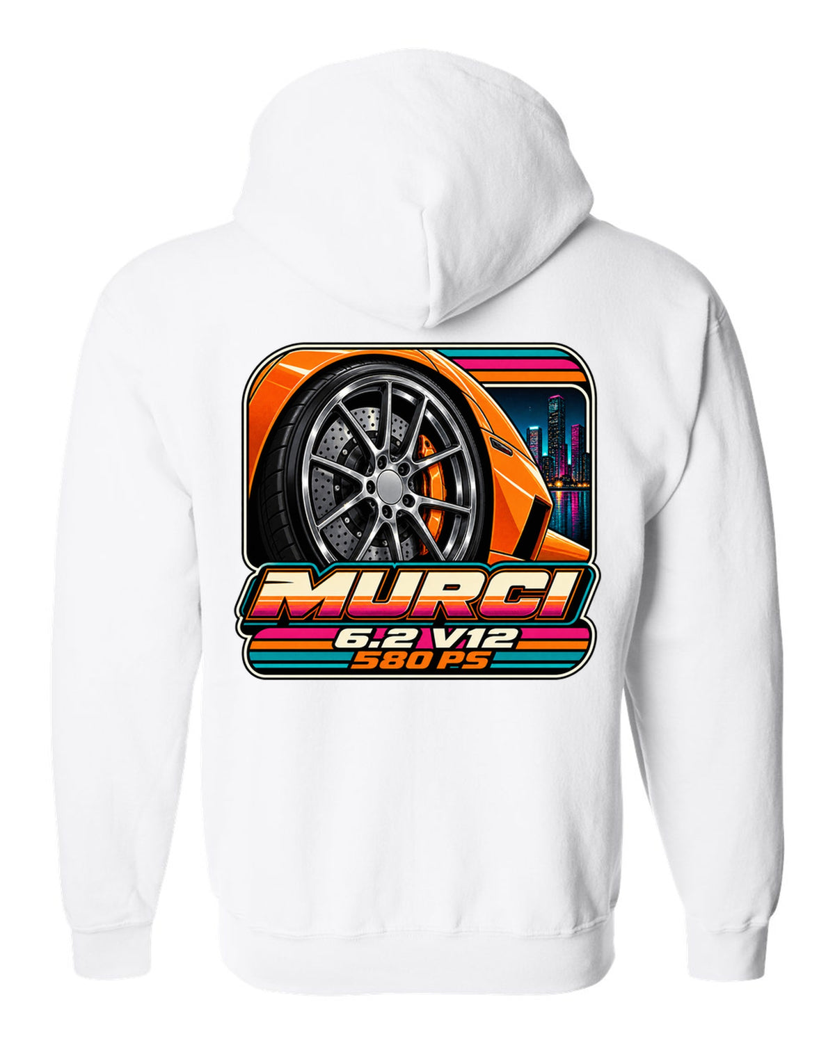 Cassette tape packaging style print of a 2001 Lamborghini Murcielago wheel with 6.2 V12 and 580 PS white zip hoodie back view with the design