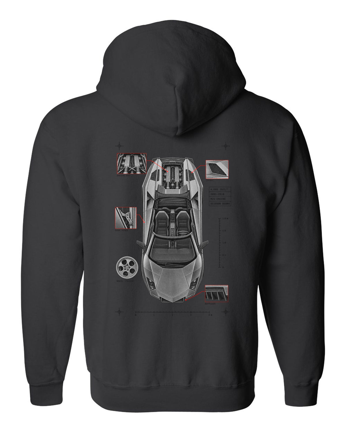 Spec poster print of a Lamborghini Murcielago LP640 Roadster with 4,099 built and scissor doors black zip hoodie back view with the design