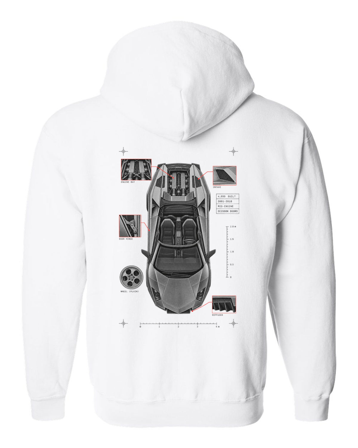 Spec poster print of a Lamborghini Murcielago LP640 Roadster with 4,099 built and scissor doors white zip hoodie back view with the design