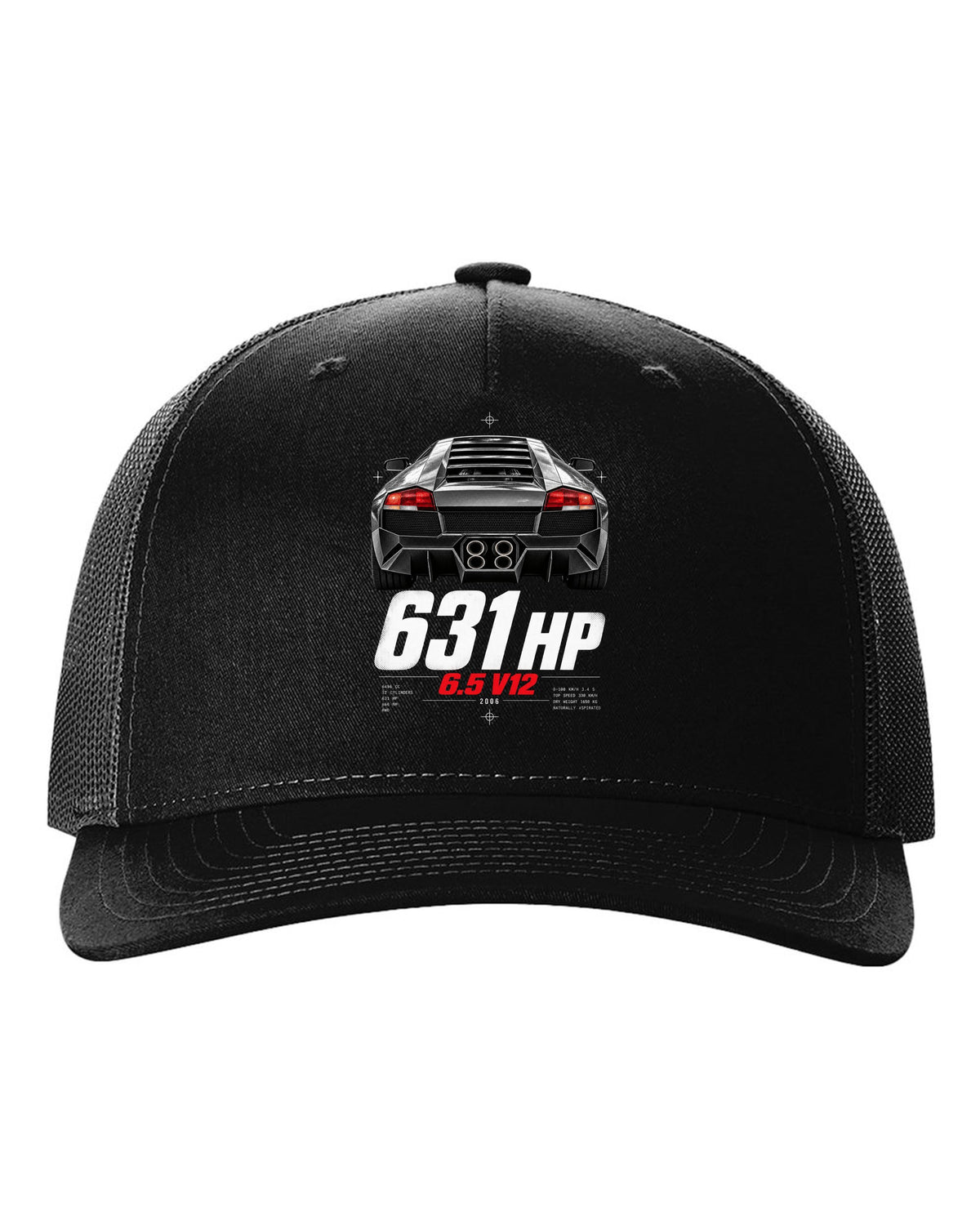 Taillight macro print of a Lamborghini Murcielago LP640 with 631 HP and 6.5 V12 text black hat front view with the design