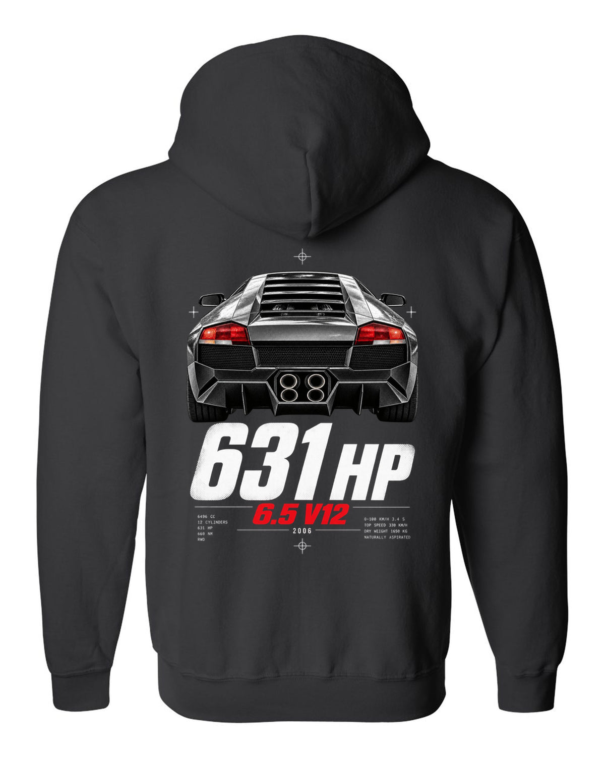 Taillight macro print of a Lamborghini Murcielago LP640 with 631 HP and 6.5 V12 text black zip hoodie back view with the design