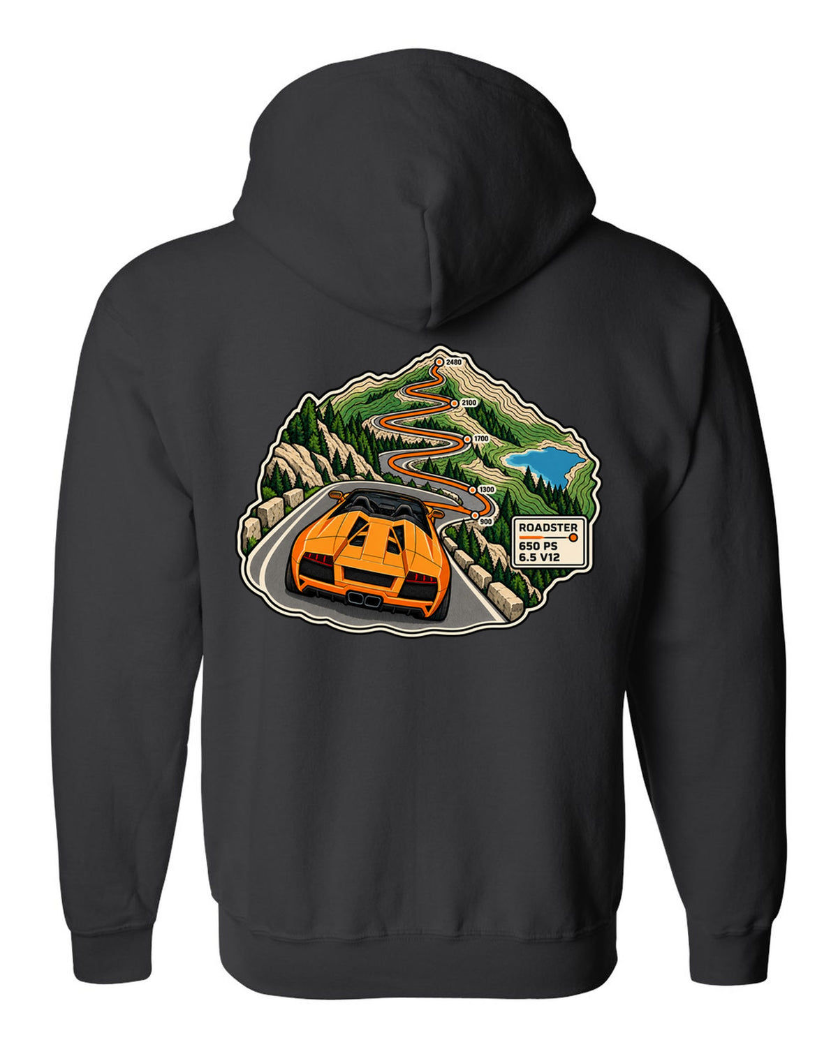 Topographic route map of a 2010 Lamborghini Murcielago LP650-4 Roadster with 650 PS and 6.5 V12 black zip hoodie back view with the design