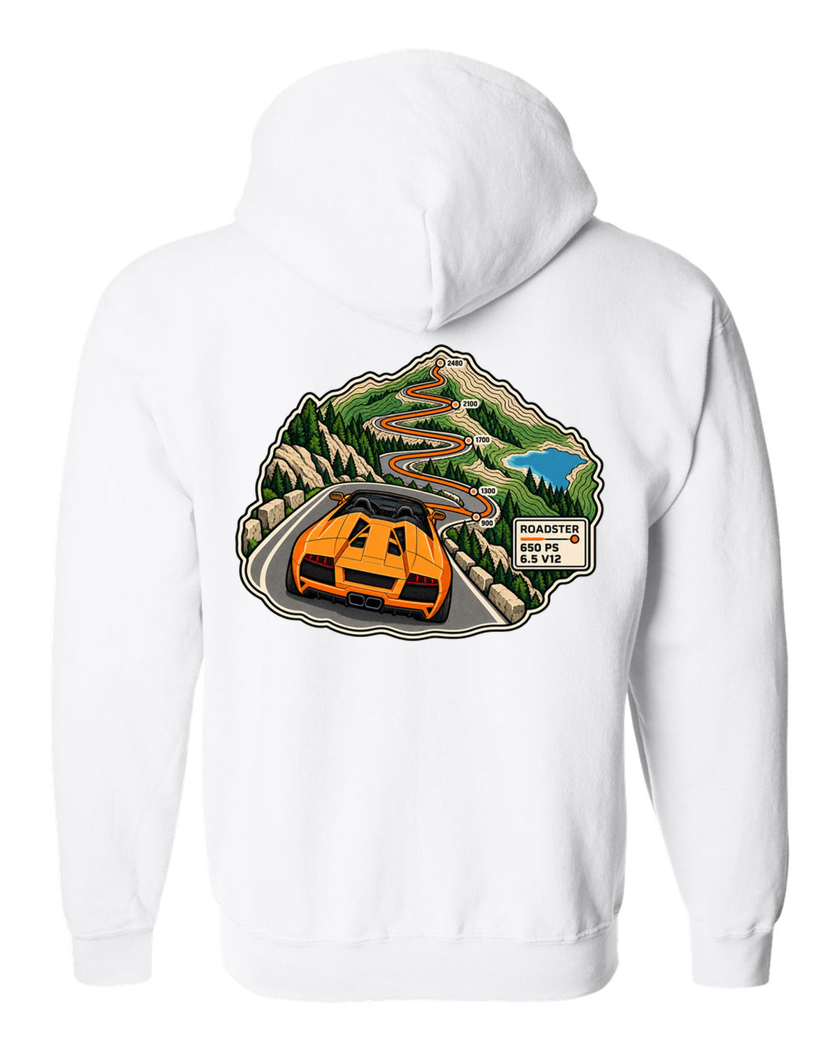 Topographic route map of a 2010 Lamborghini Murcielago LP650-4 Roadster with 650 PS and 6.5 V12 white zip hoodie back view with the design