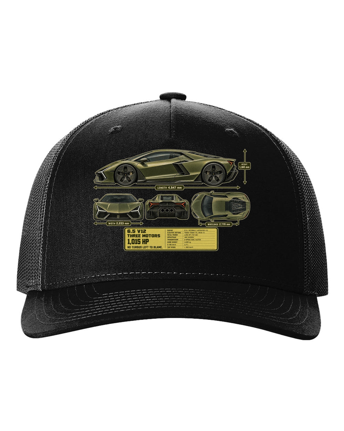 print dimension blueprint of a Lamborghini Revuelto in olive-grey black hat front view with the design