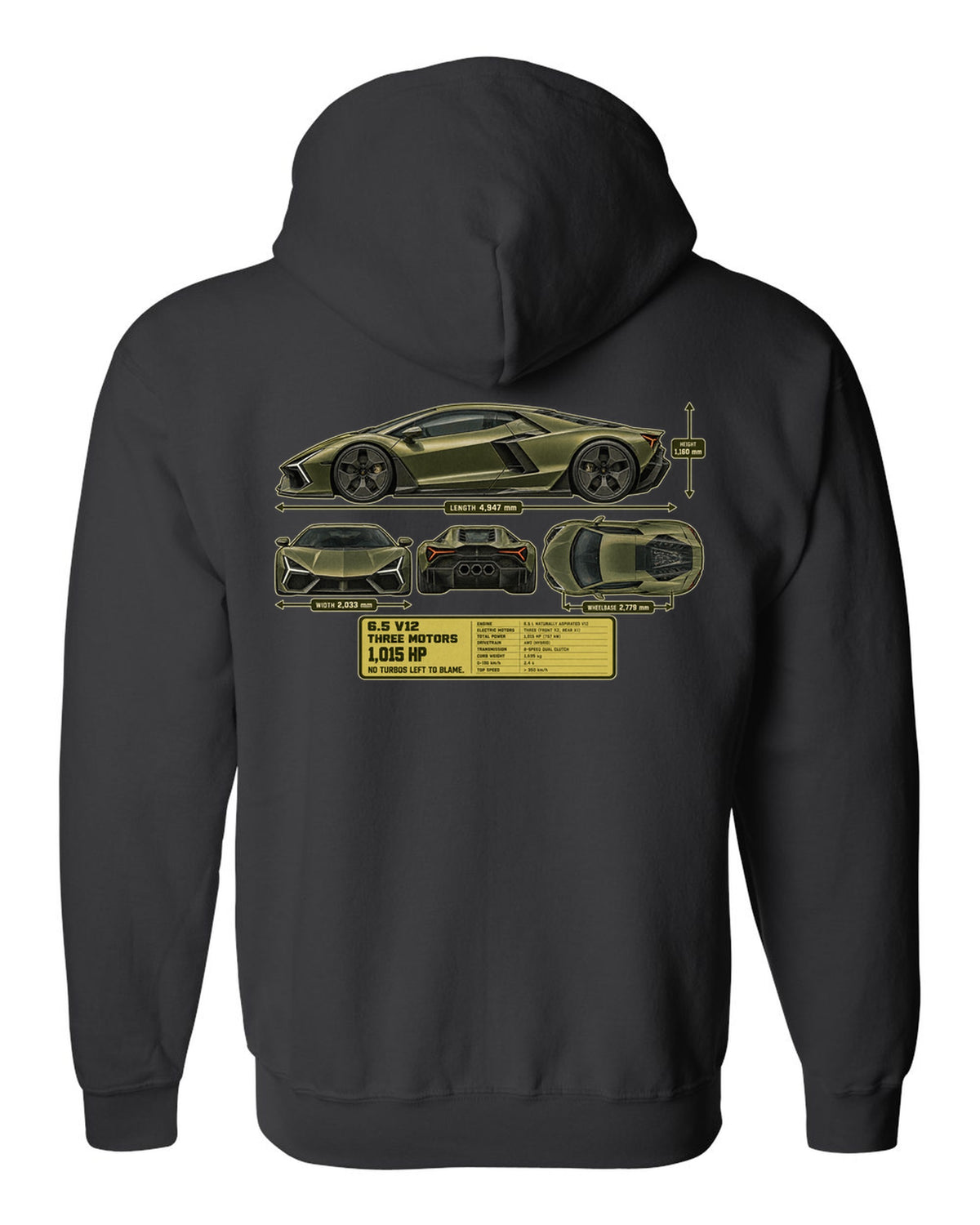 print dimension blueprint of a Lamborghini Revuelto in olive-grey black zip hoodie back view with the design