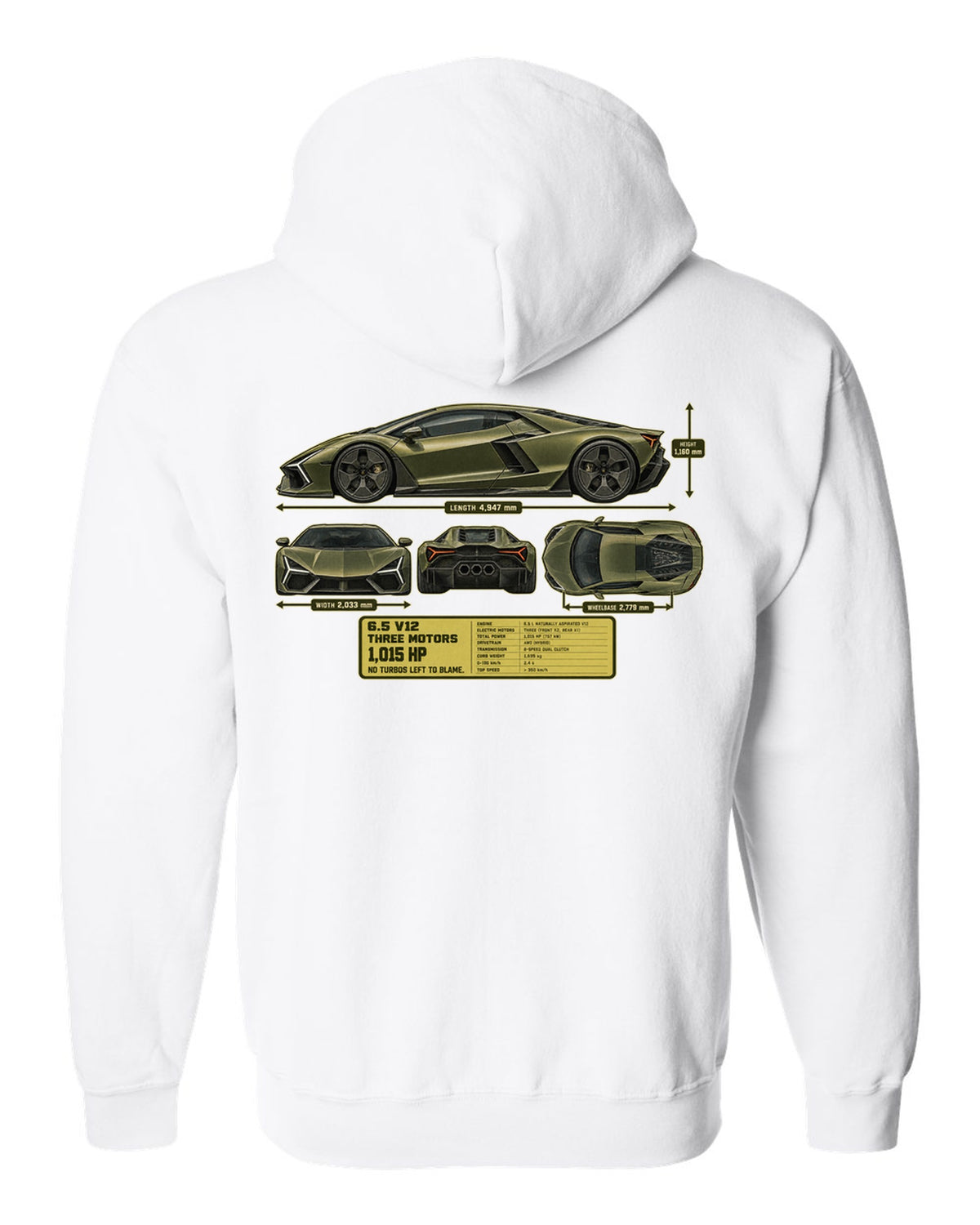 print dimension blueprint of a Lamborghini Revuelto in olive-grey white zip hoodie back view with the design