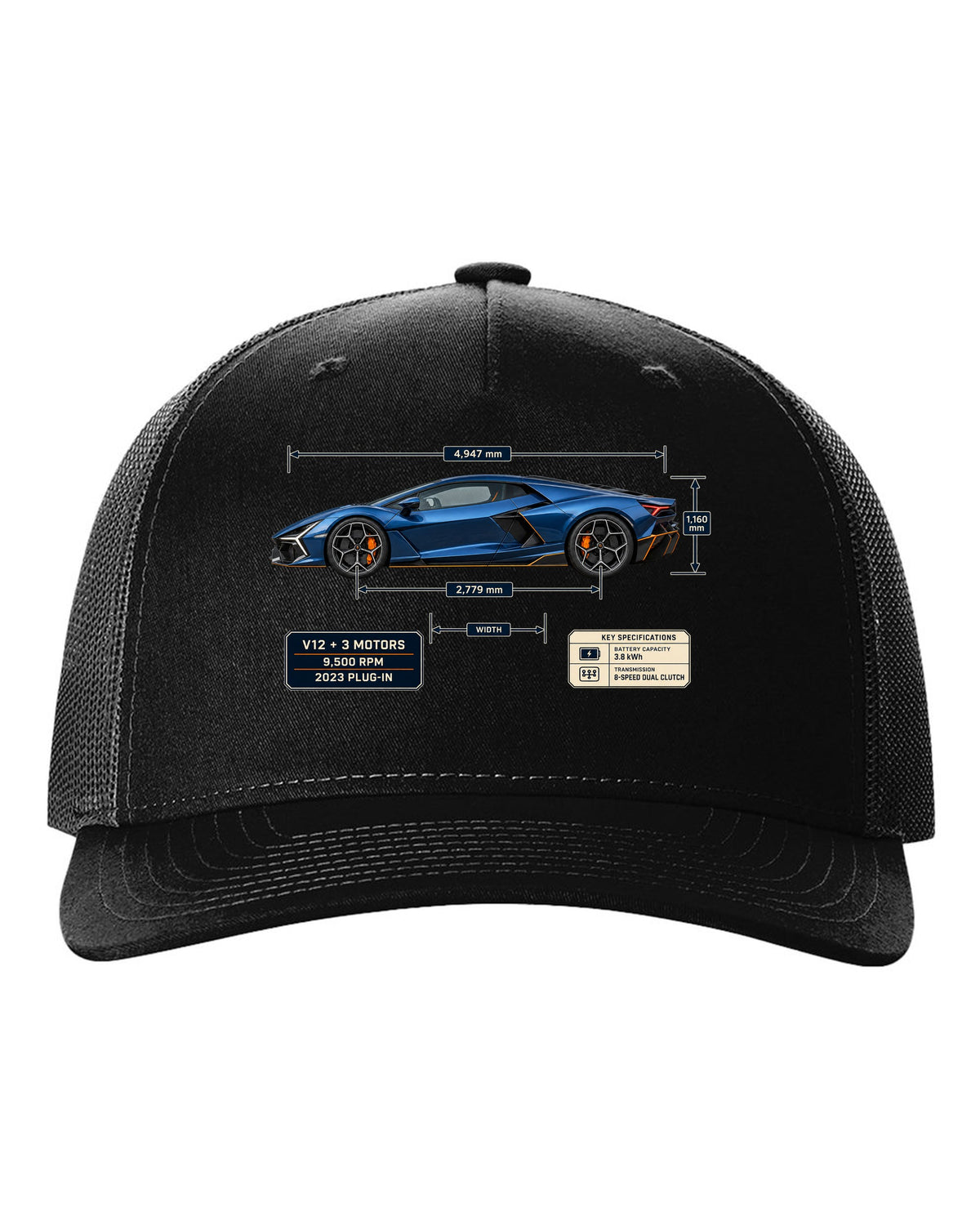Dimension blueprint print of the Lamborghini Revuelto black hat front view with the design